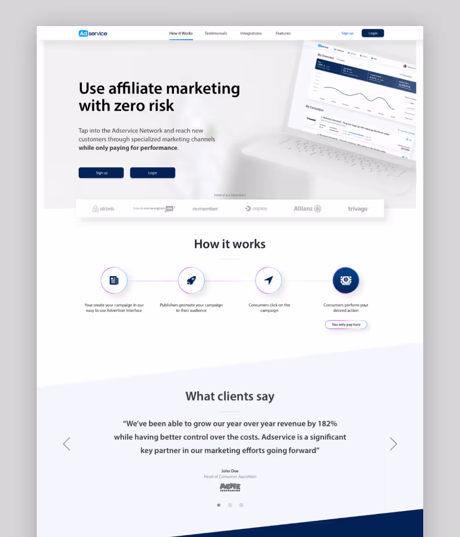 Webpage promoting Adservice affiliate marketing with zero risk, showing steps of how it works and a client testimonial with a graph on a laptop screen.