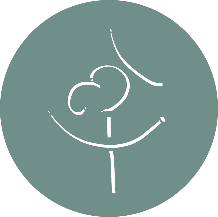 Minimalist line drawing of a person holding a baby within a circular frame.