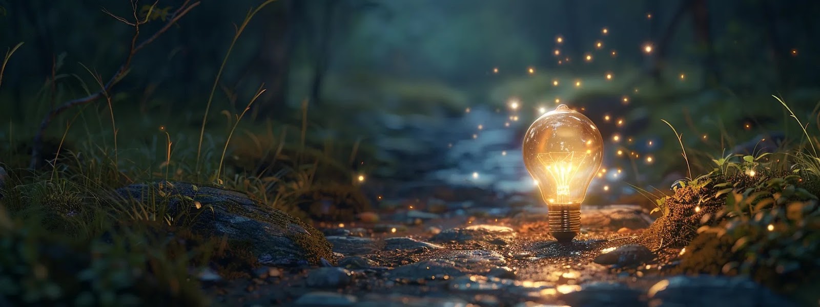 a glowing lightbulb illuminating a path lined with guiding core values for a brand seeking a purpose-driven identity.