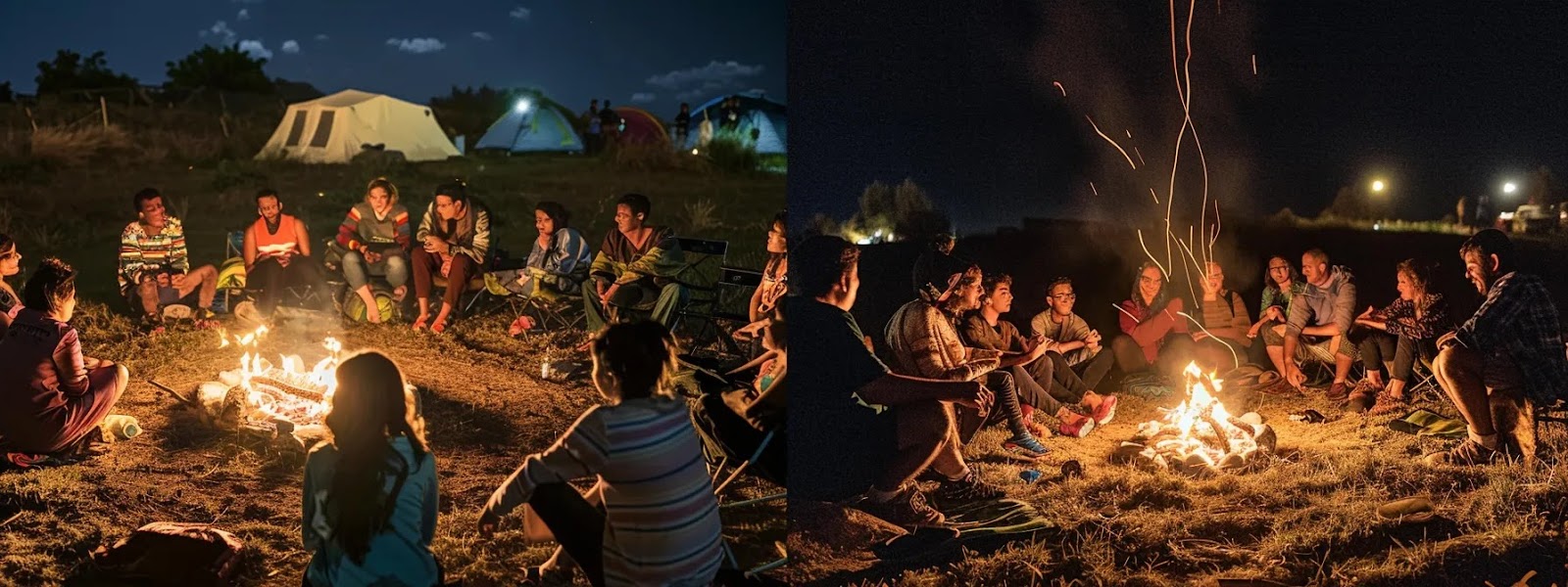 a diverse group of people gathered around a campfire, sharing stories and laughter, creating a strong sense of community and emotional connection.