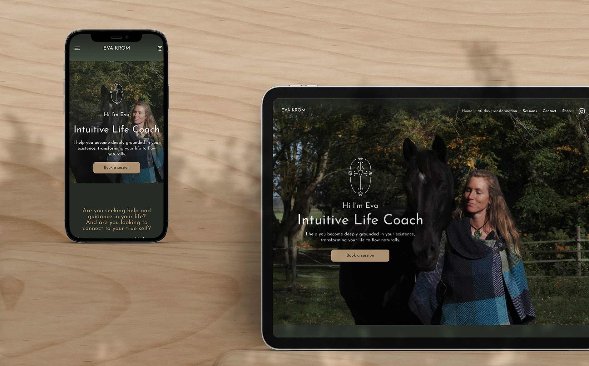 Eva Krom reached out to us for the creation of her new website and soul signature. We co-created a new website, channeled a soul signature logo and visual identity, as well as did a Divine Essence Photography session and initiation ritual with her at her space.
